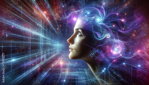 A woman's profile symbolizing infinite digital influence, merge her consciousness with cosmic canvas of digital universe