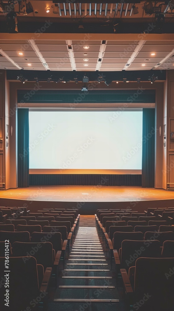 Fototapeta premium Theatre auditorium with empty seats and a large screen. Performing arts and cinema concept