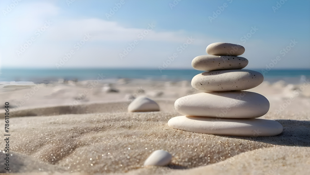 Stack of pebble stones on a white sandy beach under blue sky, balance and harmony image concept