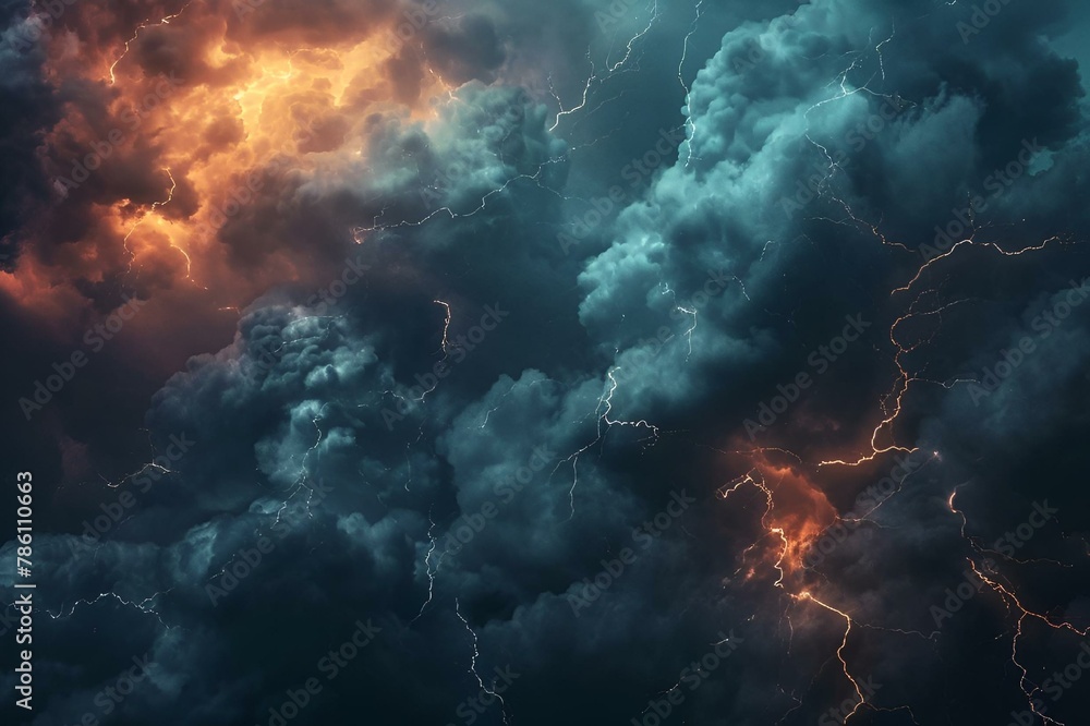 AI generated illustration of lightning bolts pierce dark storm clouds in the sky