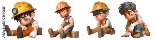 Set of a Exhausted and Injured Laborers : Cartoon Style 3D Render on Transparent Background © Rubel