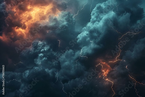 AI generated illustration of lightning bolts pierce dark storm clouds in the sky