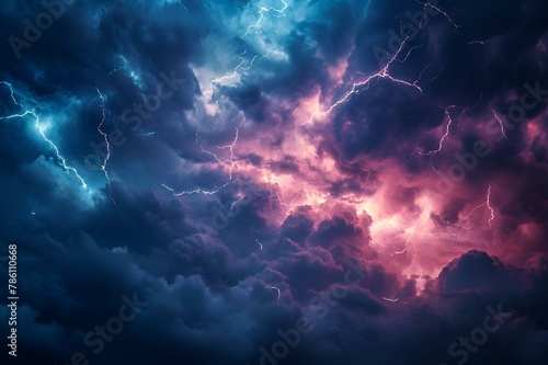 AI generated illustration of a powerful thunderstorm illuminating a dark sky with bright light photo