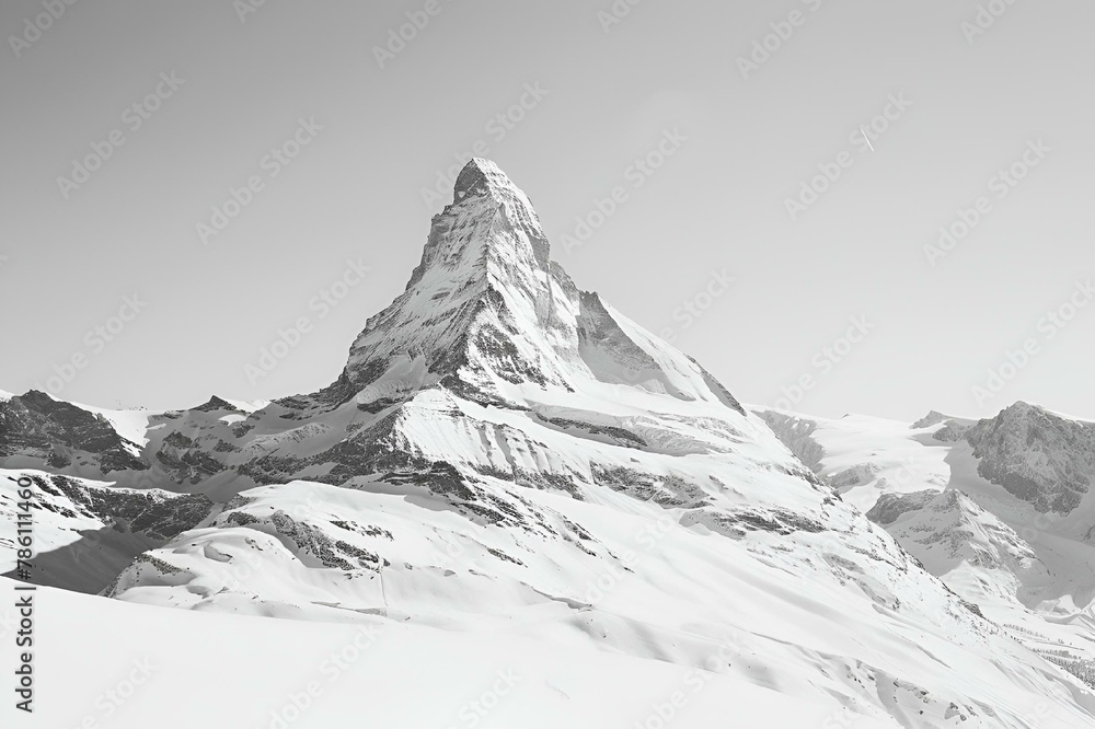 AI generated illustration of a skier skiing downhill towards snowy mountains