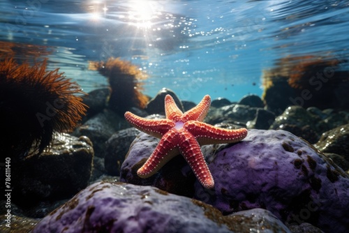 Starfish clinging to rocks in a tide pool with subtle underwater lights.