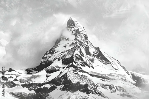 AI generated illustration of a monochrome photo of skiers on snowy mountains under cloudy sky