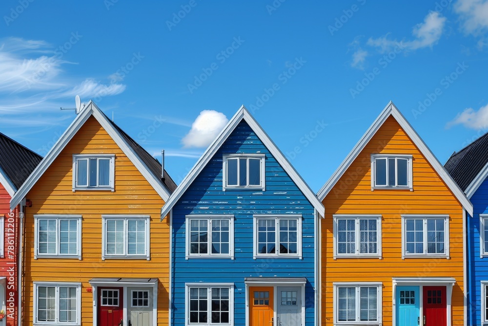 A vibrant image showcasing a row of traditional Scandinavian wooden houses painted in bright colors A vibrant image showcasing a row of traditional Scandinavian wooden houses painted in bright colors