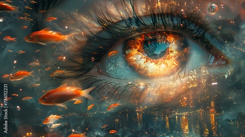 an eye with bright yellow eyes surrounded by fish in the water