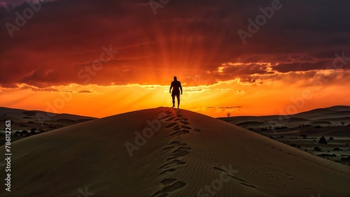 Silhouette of an individual standing at the top of sand dune, overlooking vast desert landscape