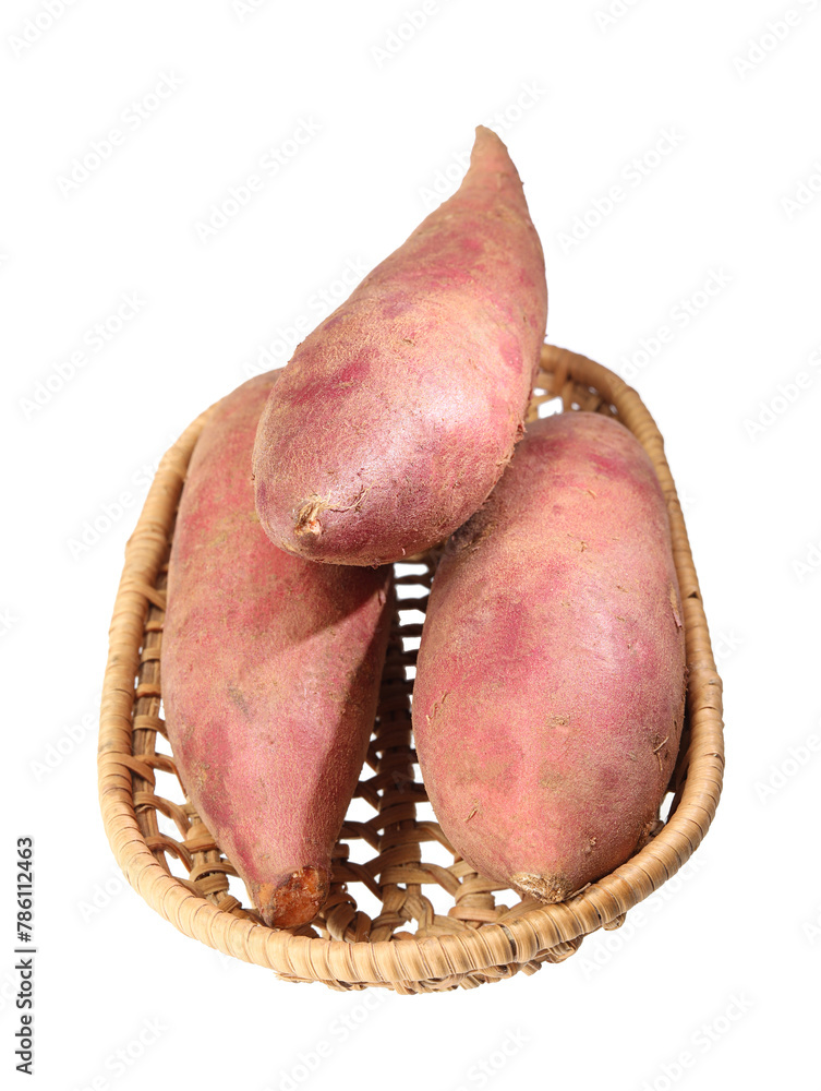 A basket of sweet potatoes on white background A basket of sweet potatoes on white background