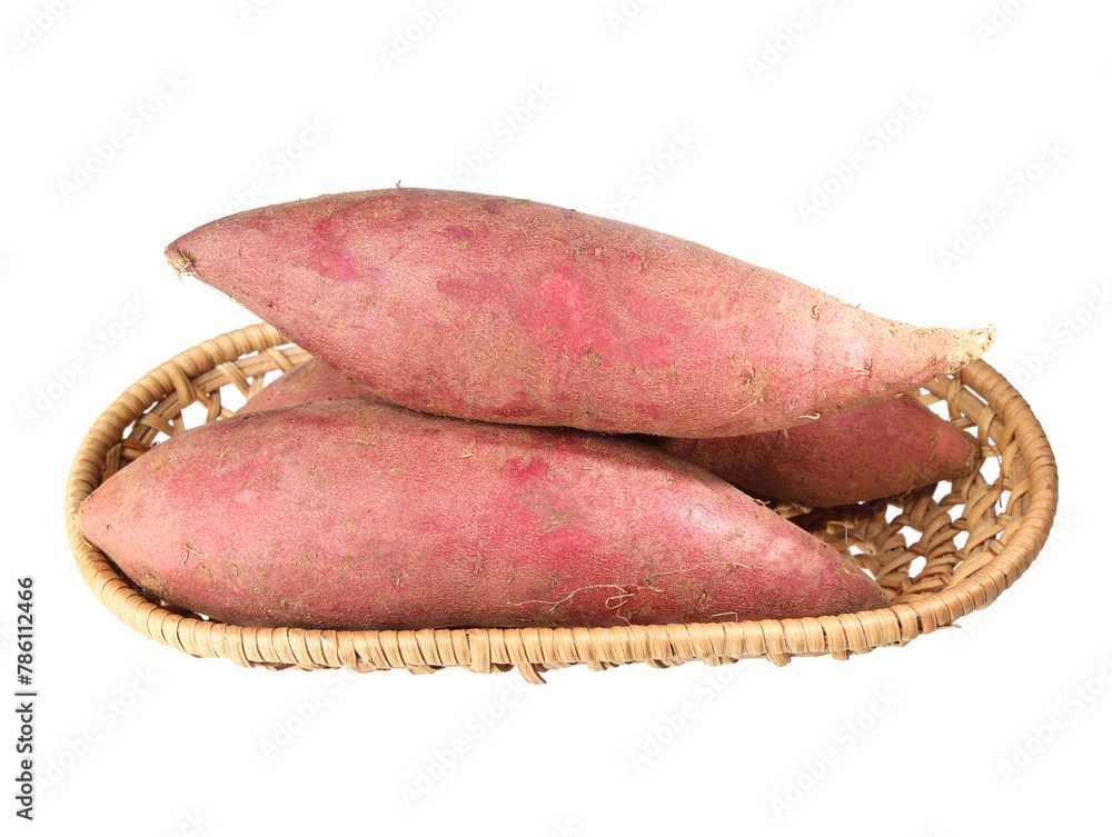 A basket of sweet potatoes on white background A basket of sweet potatoes on white background