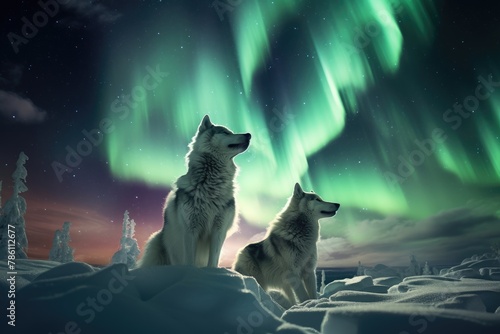 Wolves playing in the snow with the aurora borealis and lights.