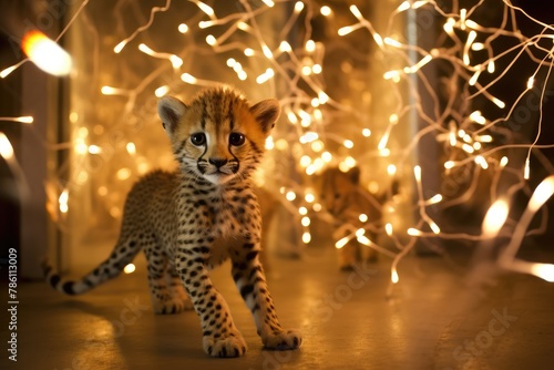Cheetah cubs chasing laser pointers in a room filled with fairy lights.