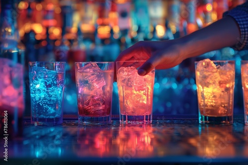 Bartender serving drinks in a bar with vibrant lighting, AI-generated. © Wirestock