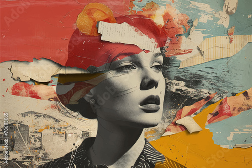 Abstract surreal art collage of young woman with flowers and butterfly. Fashion portrait in summer style.