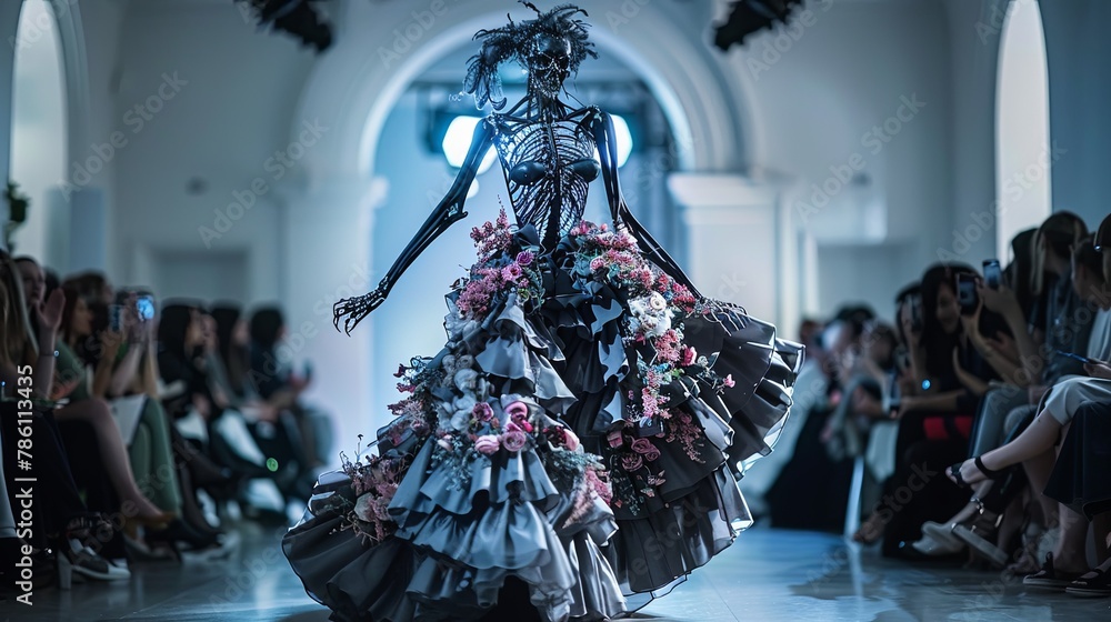 A skeleton supermodel in a floral dress walking down the runway, dark haunting face - obrazy, fototapety, plakaty 