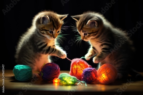 Kittens playing with glowing yarn in a darkened room.