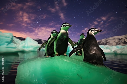 Penguins sliding down a hill at night with the Northern Lights in the sky.