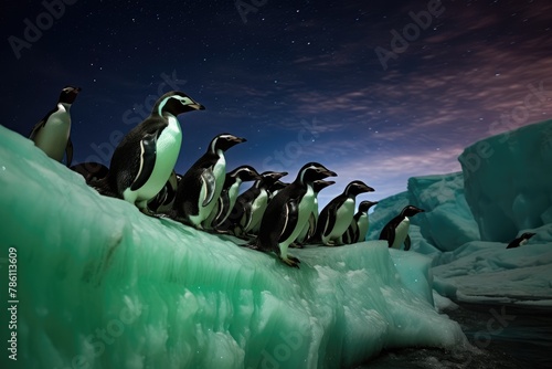 Penguins sliding down a hill at night with the Northern Lights in the sky.