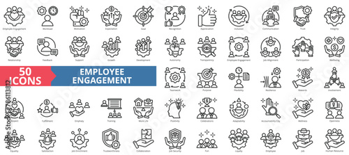 Employee engagement icon collection set. Containing workload, motivation, expectation, goal, recognition, appreciation, inclusion icon. Simple line vector.