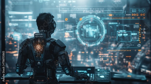 Cyborg Overlooking Futuristic Interface Control Room