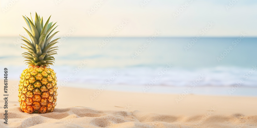 Pineapple on the sand on the beach with copy space. Concept of summer holidays Pineapple on the sand on the beach with copy space. Concept of summer holidays