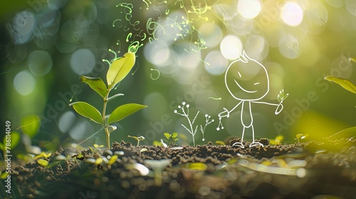 A stick figure drawing watering a small realistic plant, green bokeh in the background