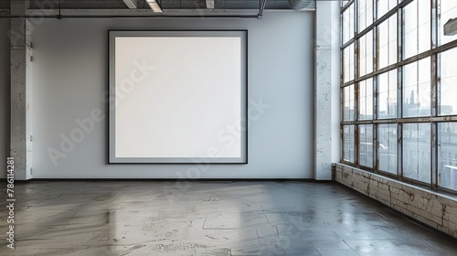 An empty room with windows with a large white wall, large frame on the wall, and a concrete floor photo