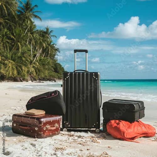 Black travel suitcase with luggage scattered on the beach photo