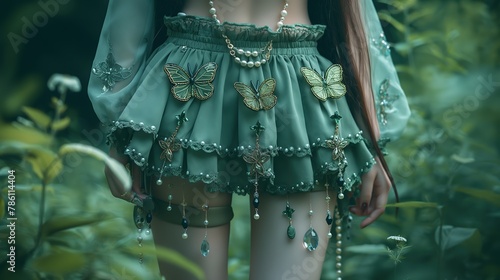 close up sexy girl body and buttock wearing a green fairy tutu dress in dreamlike atmosphere, fantasy dreamlike fairytale atmosphere, Generative Ai