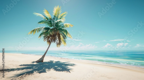 Serene tropical beach with palm trees and a clear blue sky. © Wayan Palmieri