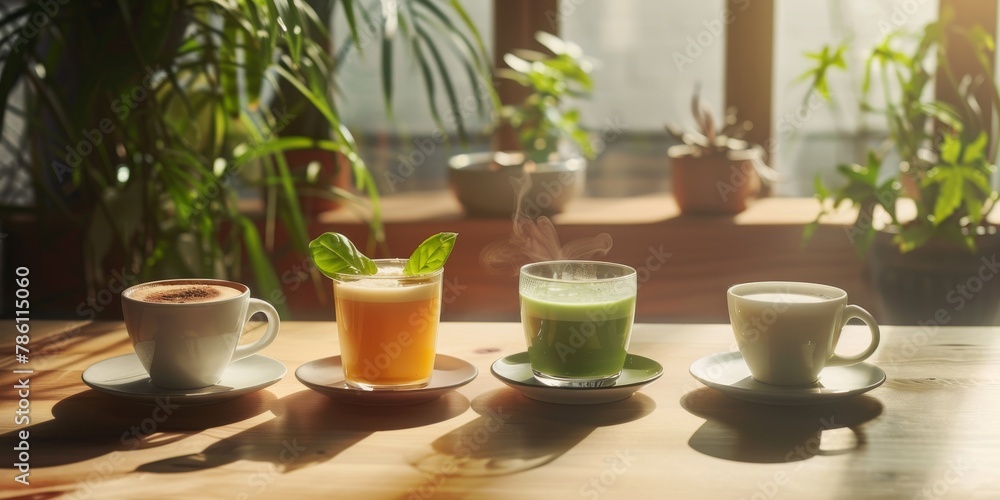 AI generated illustration of variety of Hot Beverages on Wooden Table with Sunlight Streaming In