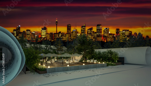 Project of an Outdoor Patio Restaurant Illuminated by City Skyline of Sidney - 3D Visualization