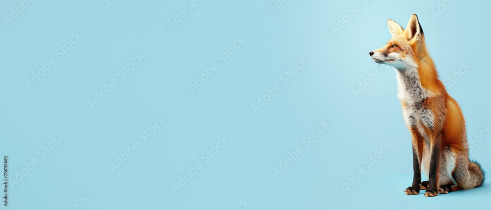 Fototapeta premium A beautifully captured alert red fox, seated and poised against a vivid blue background amplifying its presence