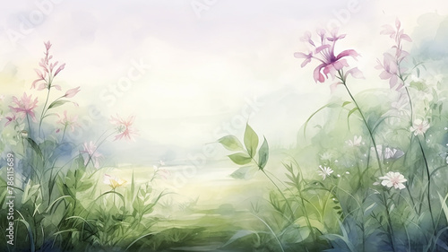 spring art background, delicate multicolored flowers in spring green grass on a white background watercolor design
