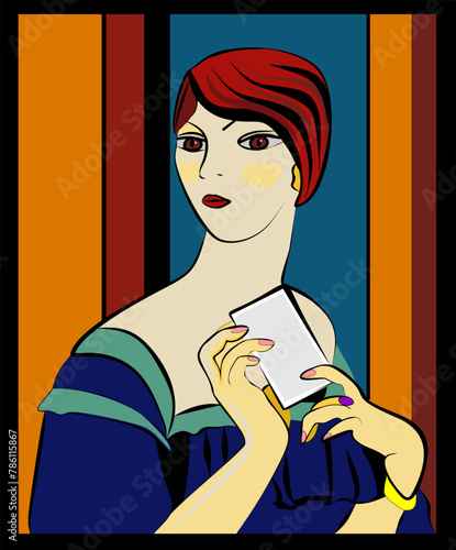 A stylized female character with red hair styled in a bob cut is portrayed against a background of vertical stripes in warm and cool tones. She is holding what appears to be a card or a small blank ca