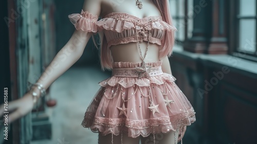 close up sexy girl body and buttock wearing a pink fairy tutu dress in dreamlike atmosphere, fantasy dreamlike fairytale atmosphere, Generative Ai photo