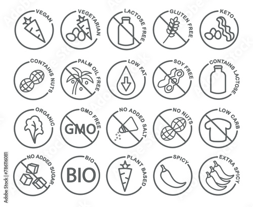 Round black dietary restrictions icon set with elements such as vegan, vegetarian, keto, gluten free etc.