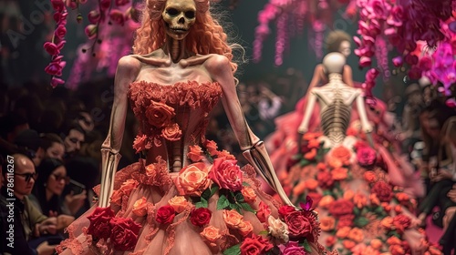 A skeleton supermodel in a floral dress walking down the runway, dark haunting face
