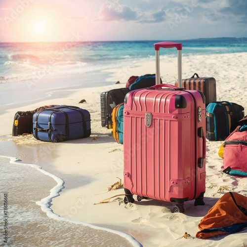 Pink travel suitcase with luggage scattered on the beach