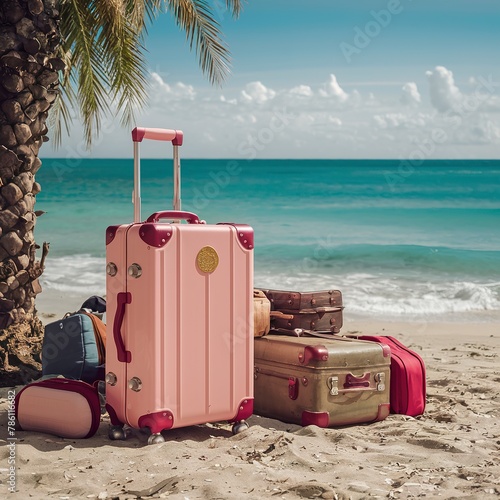 Pink travel suitcase with luggage scattered on the beach