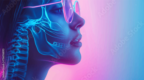 Close up view side profile shot of beautiful woman face in glasses with anatomical x-ray skeleton details. Bright led neon lights, pink and blue color background with copy space photo