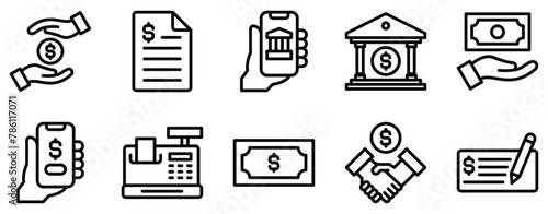 bill and payment method icon line style set collection