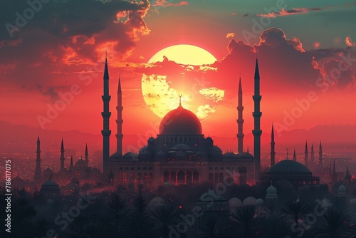 AI generated illustration of Ramadan, Eid Fitr and Eid Adha Graphic Design with Minarets and Mosques