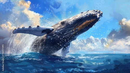 A majestic humpback whale, breaching the surface in a majestic display of power and grace, droplets of water cascading like diamonds against a backdrop of endless ocean blue.