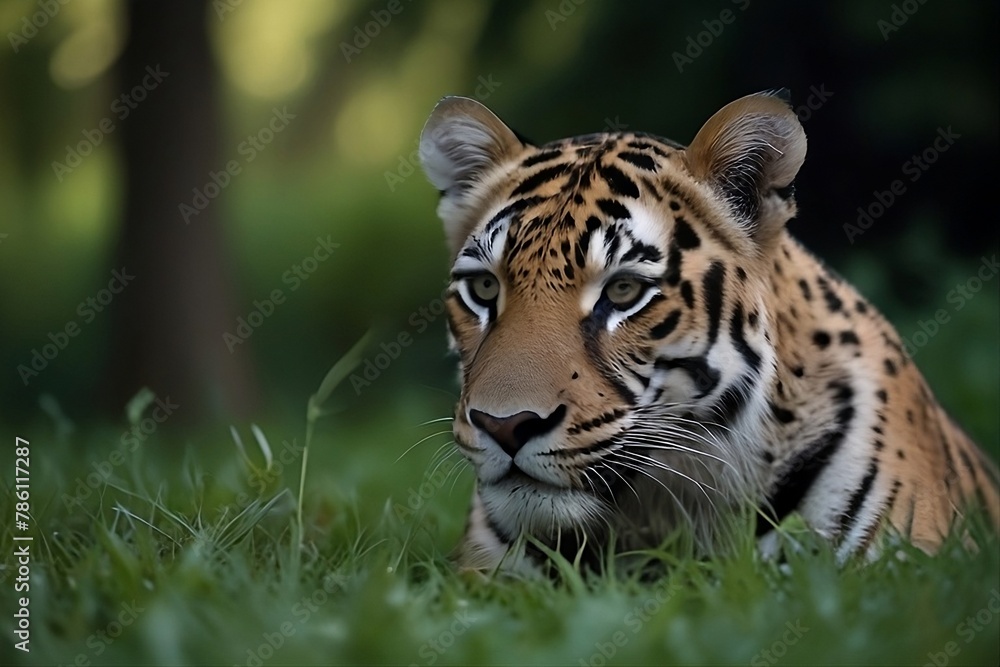 Fototapeta premium Ai genarated portrait of a bengal tiger sitting on grass with calm and power