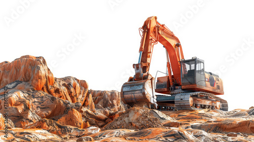 A large orange excavator is digging into a rocky hillside photo