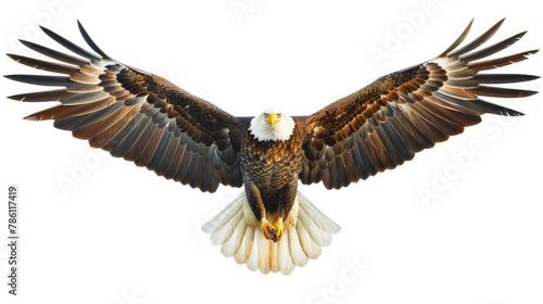 A majestic bald eagle, wings outstretched in flight, soaring high against the pure white sky, a symbol of freedom and strength.