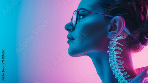 Close up view side profile shot of beautiful woman face in glasses with anatomical x-ray skeleton details. Bright led neon lights, pink and blue color background with copy space