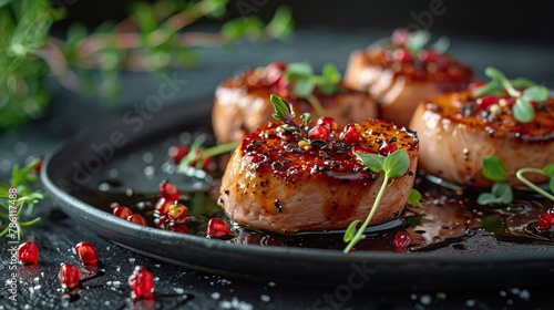 Grilled pork belly on black table with background